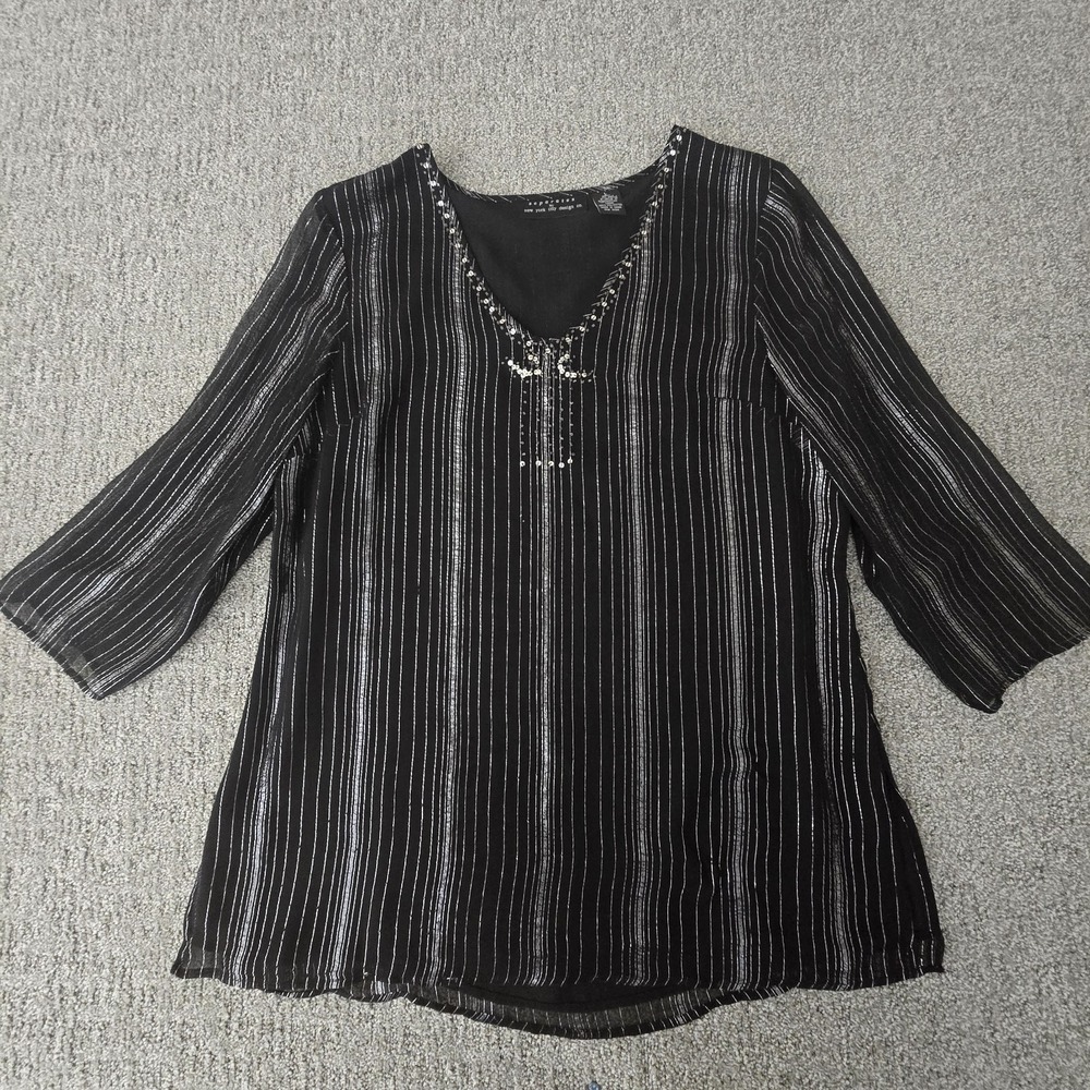 New York & Co Silk‎ Blend Beaded Mesh Blouse Sheer Black Sequin Metallic L - Picture 2 of 7